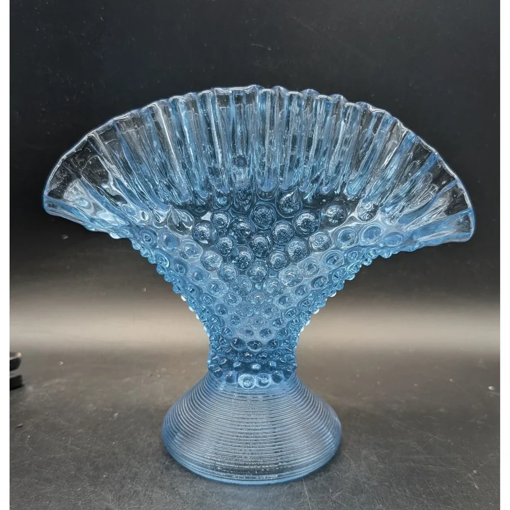 Vintage Empoli Italian Blue Hobnail Glass Fan Vase Ruffled Rim Pedestal 7